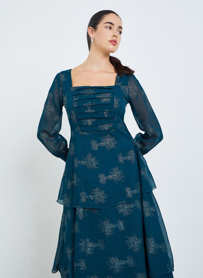 Women Teal Floral Print Tiered Maxi Dress